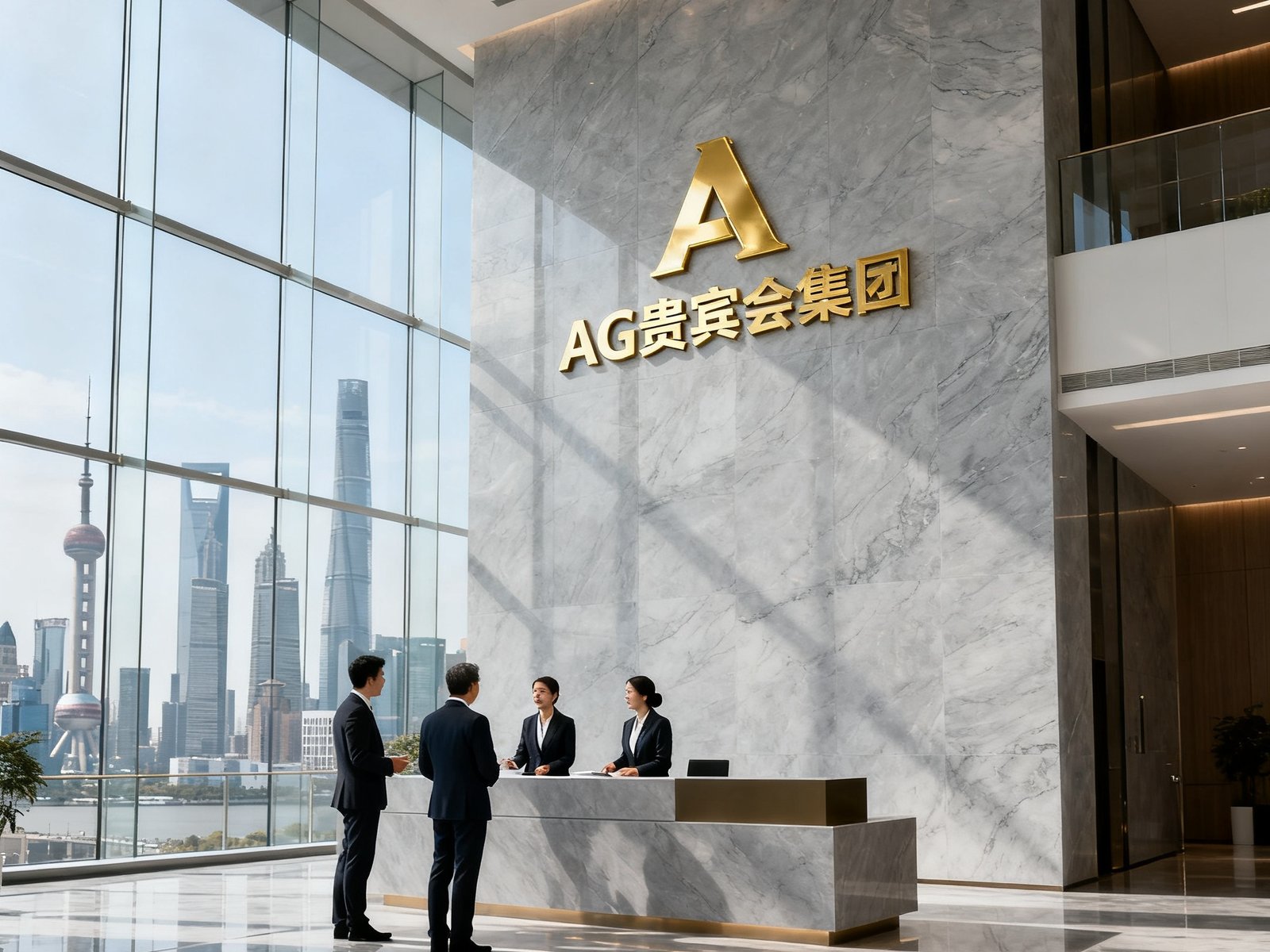 AG贵宾会集团上海总部前台大厅，挑高8米的浅灰色大理石墙面饰有品牌金色LOGO，三位身着职业装的员工正在接待区域与来访企业家交谈，落地窗外可见陆家嘴天际线，自然光线透过玻璃幕墙洒入，整个空间呈现出现代、沉稳且富有商务格调的氛围。