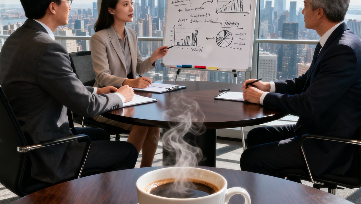 一间明亮的高层办公室内，AG贵宾会的资深顾问正与两位企业高管围坐在深色木质圆桌前进行战略咨询会议，白板上写满了SWOT分析框架和关键数据，窗外是城市天际线，桌上咖啡杯冒着热气。